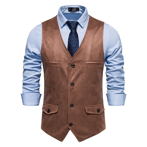 Chbgutlmr Suede Cowboy Vests for Men Button down V Neck Waistcoat with Pockets Casual Spring Formal Wedding Vests