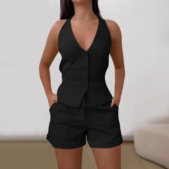 Chbgutlmr Summer 2 Piece Outfits for Women Sleeveless Button down Tie Back Halter Tank Top Rolled Hem Shorts Casual Dressy Cute Sets
