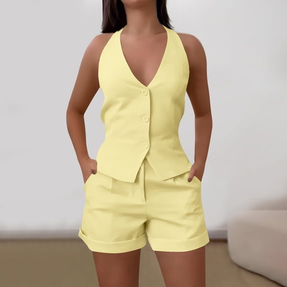 Chbgutlmr Summer 2 Piece Outfits for Women Sleeveless Button down Tie Back Halter Tank Top Rolled Hem Shorts Casual Dressy Cute Sets