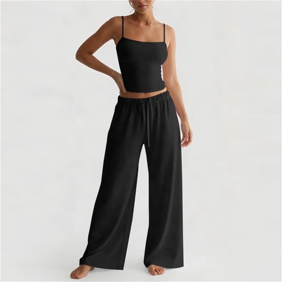 Chbgutlmr Summer 2 Piece Outfits for Women Sleeveless Spaghetti Strap Crop Camisole Tops Drawstring Straight Leg Pants Casual Basic Comfy Sets