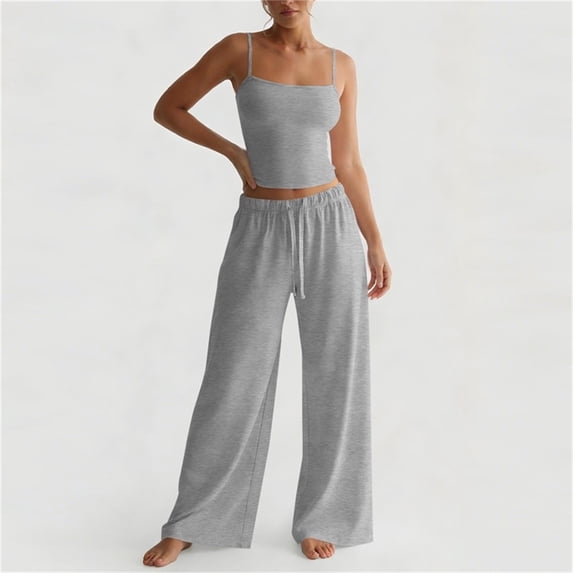 Chbgutlmr Summer 2 Piece Outfits for Women Sleeveless Spaghetti Strap Crop Camisole Tops Drawstring Straight Leg Pants Casual Basic Comfy Sets