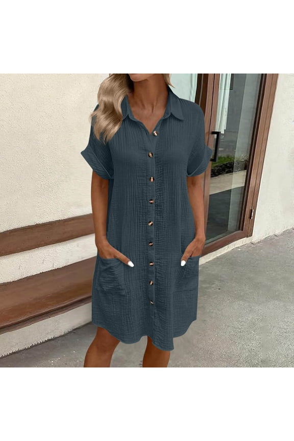 Summer Dresses for Women Rolled Short Sleeve Button down Turn down Collar Dress Casual Loose Shift Dress with Pockets