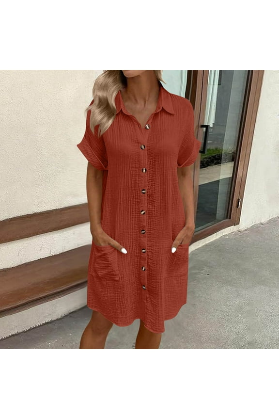 Summer Dresses for Women Rolled Short Sleeve Button down Turn down Collar Dress Casual Loose Shift Dress with Pockets