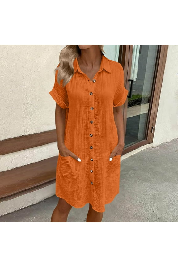Summer Dresses for Women Rolled Short Sleeve Button down Turn down Collar Dress Casual Loose Shift Dress with Pockets