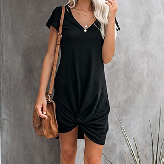 Chbgutlmr Summer Dresses for Women Short Sleeve Knot Front Irregular Hem Scoop Neck Dress Casual Loose Comfy Trendy Dress