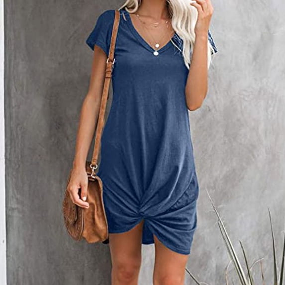 Chbgutlmr Summer Dresses for Women Short Sleeve Knot Front Irregular Hem Scoop Neck Dress Casual Loose Comfy Trendy Dress