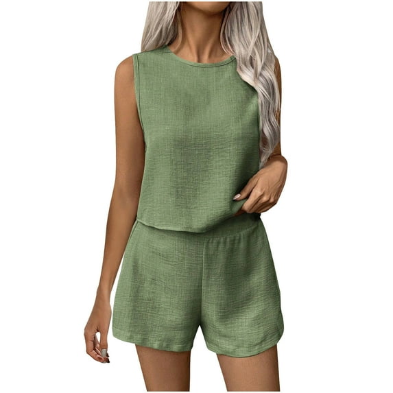 Chbgutlmr Summer Outfit for Women 2 Piece Sleeveless Round Neck Tops Shorts Set Vacation Beach Casual Clothes