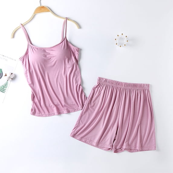 Chbgutlmr Summer Pajama Set for Women Built in Bra Spaghetti Strap Tank Elastic Waist Shorts Casual Fitted Comfy Lounge Sets