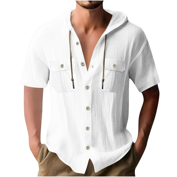 Chbgutlmr Summer Shirts for Men Lightweight Drawstring Short Sleeve Hooded Button up Loose Casual Tops