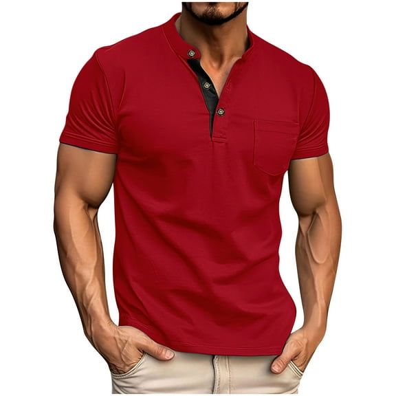 Chbgutlmr Summer T Shirts for Men Notched V Neck Button Shirts Loose Casual Short Sleeve Blouse Tops Pockets