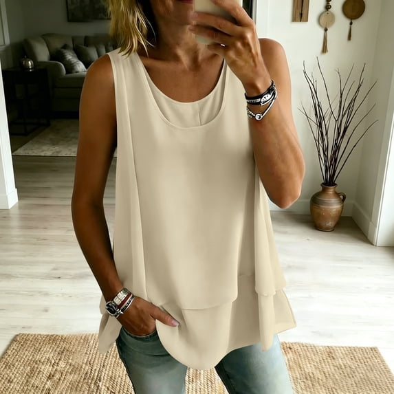 Chbgutlmr Summer Tank Tops for Women Sleeveless Round Neck Double Layered Ruffled Blouse Casual Loose Summer Comfy T-Shirts