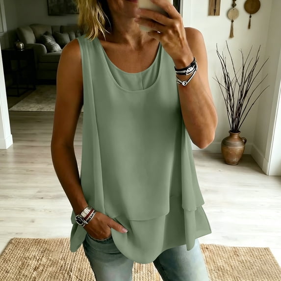 Chbgutlmr Summer Tank Tops for Women Sleeveless Round Neck Double Layered Ruffled Blouse Casual Loose Summer Comfy T-Shirts