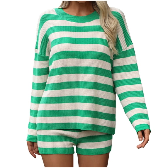 Chbgutlmr Sweater Sets Women 2 Piece Knitted Striped Sets Long Sleeve Crew Neck Pullover Elastic Waist Shorts Casual Spring Comfy Outfits