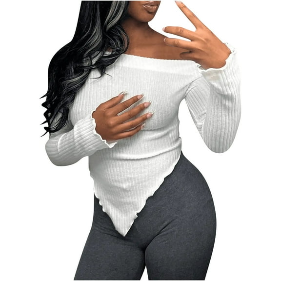 Chbgutlmr Sweaters for Women off the Shoulder Long Sleeve Slim Comfy Ribbed Knit Asymmetrical Going out Tops