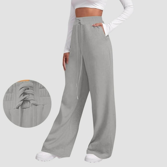 Chbgutlmr Sweatpants Women Elastic Waist Tie Front Wide Leg Trousers with Pockets Casual Loose Workout Solid Color Pants