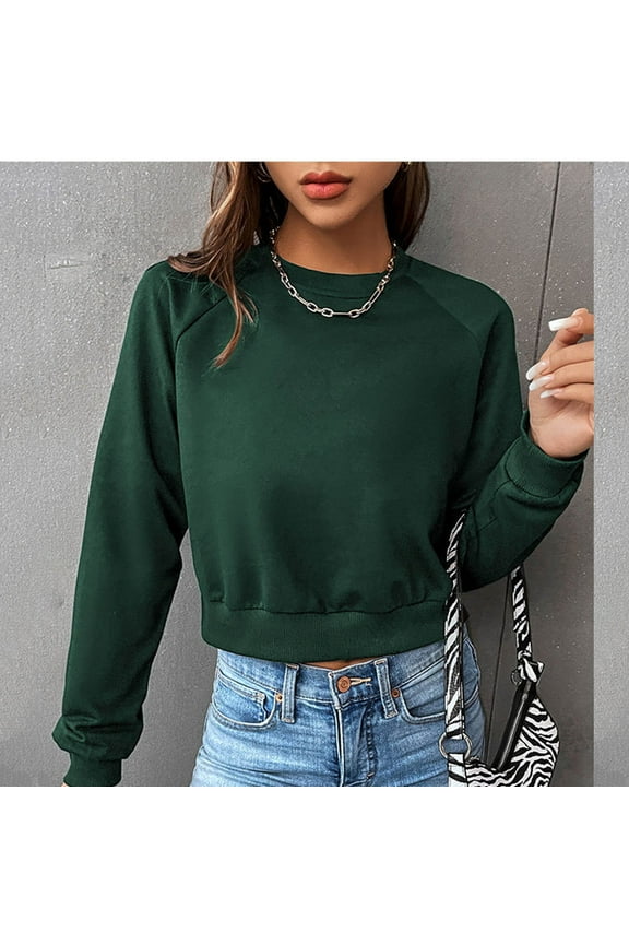 Sweatshirt for Women Crewneck Long Sleeve Cropped Sweatshirts Fall Solid Color Casual Pullover