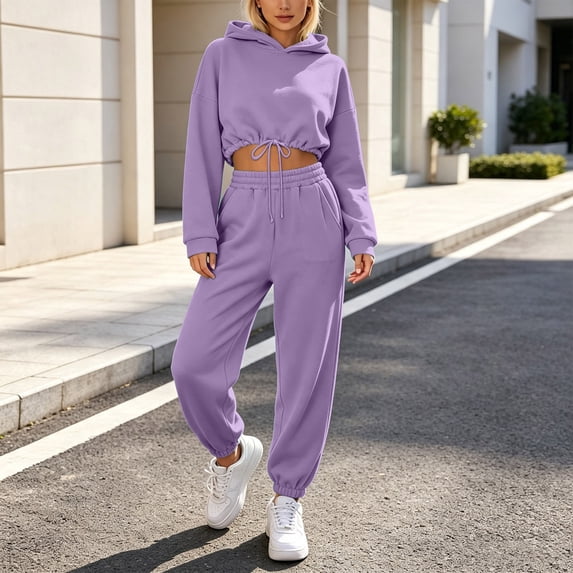 Chbgutlmr Sweatsuits Women 2 Piece Outfits Long Sleeve Drawstring Hem Crop Hoodies Cinch Bottom High Waist Joggers Casual Workout Plain Trendy Sets
