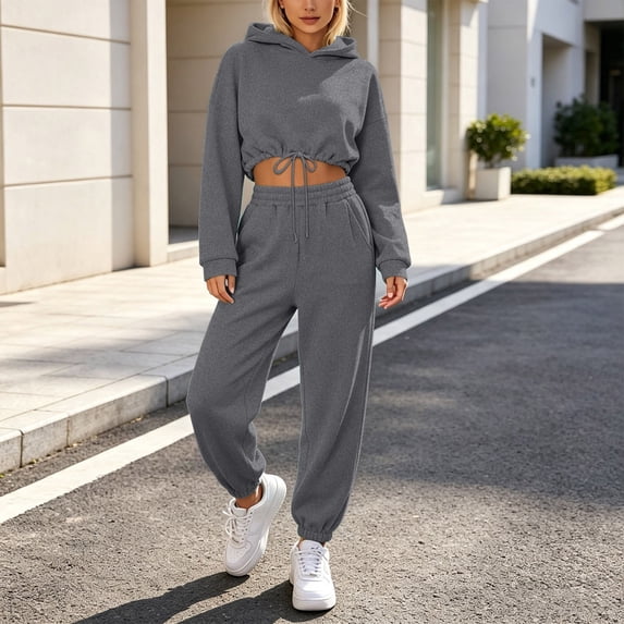 Chbgutlmr Sweatsuits Women 2 Piece Outfits Long Sleeve Drawstring Hem Crop Hoodies Cinch Bottom High Waist Joggers Casual Workout Plain Trendy Sets