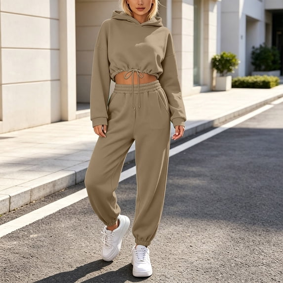 Chbgutlmr Sweatsuits Women 2 Piece Outfits Long Sleeve Drawstring Hem Crop Hoodies Cinch Bottom High Waist Joggers Casual Workout Plain Trendy Sets