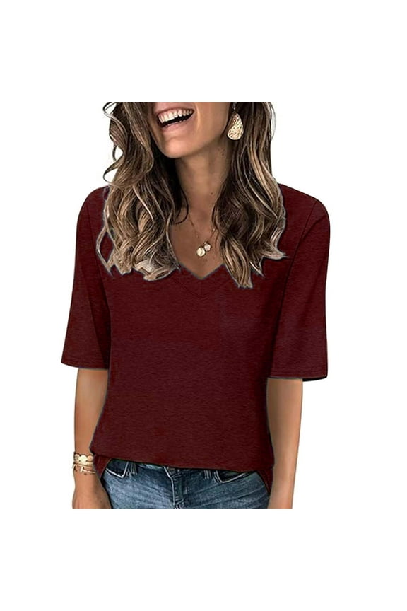 T Shirts for Women Half Sleeve V Neck Loose Fitting Tees Tops Solid Color Casual Basic Tshirts