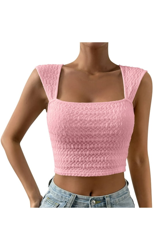 Tank Top for Women Cap Sleeve Square Neck Slim Fitted Solid Color Crop Going Out Tops Trendy