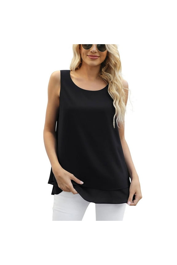 Tank Tops for Women Double Layer Lined Crewneck Sleeveless Flowy Tunic Tops Casual Stylish Shirts