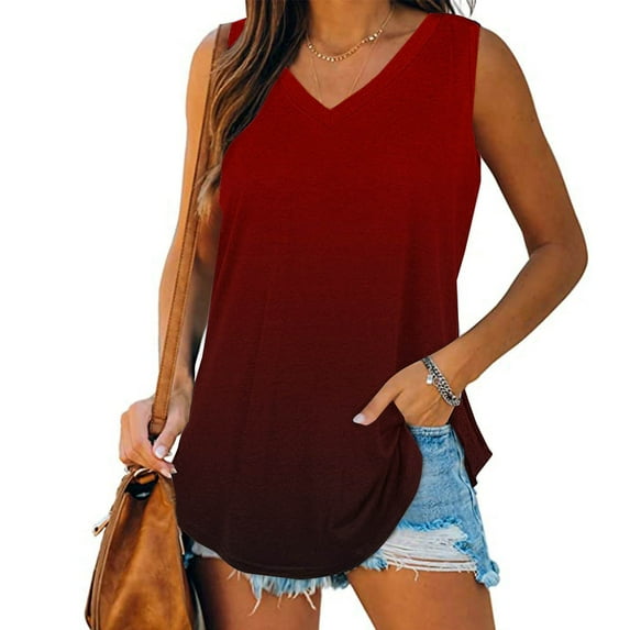 Chbgutlmr Tank Tops for Women Wide Strap Sleeveless V Neck Curved Hem Gradient Color Tunic Tops Casual Loose Summer Tops