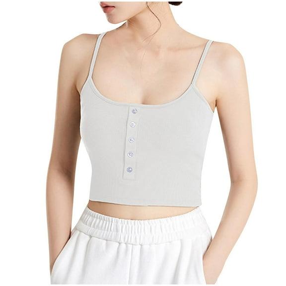 Chbgutlmr Tank Tops with Built in Bras for Women Button Spaghetti Strap Slim Backless Basic Knit Crop Camisole
