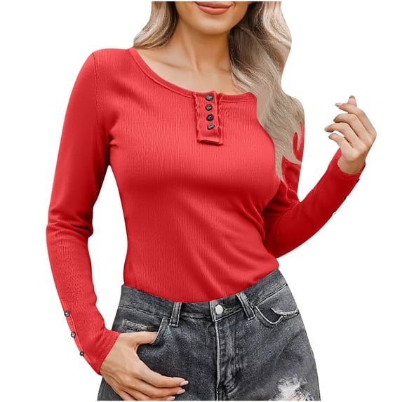 Chbgutlmr Tops for Women Crewneck Button Slim Fitted Long Sleeve Shirts Solid Color Comfy Going out Top