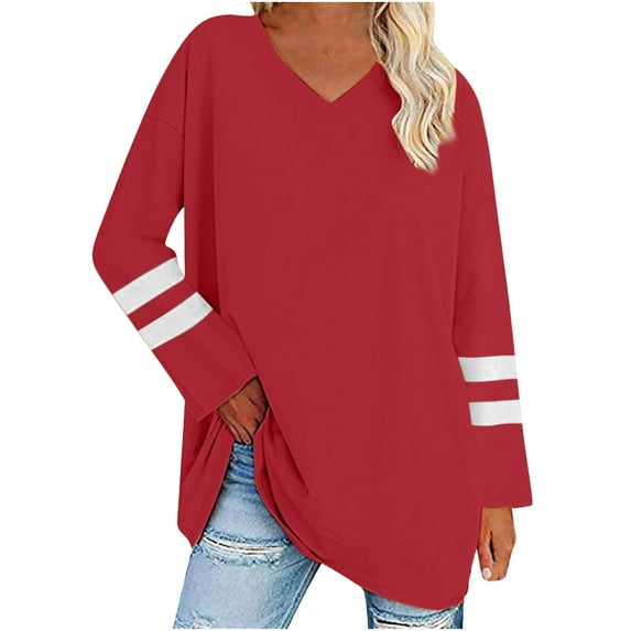 Chbgutlmr Tops for Women Long Sleeve Crewneck Color Block Casual Loose Blouses Fall Comfy Basic Shirts