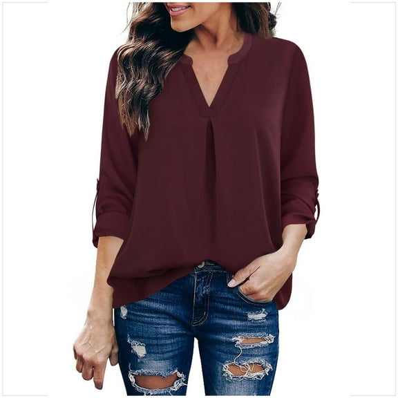 Chbgutlmr Tops for Women Long Sleeve Notched V Neck Business Casual Blouses Ruched Solid Color Work Shirts