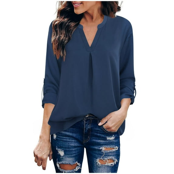 Chbgutlmr Tops for Women Long Sleeve Notched V Neck Business Casual Blouses Ruched Solid Color Work Shirts