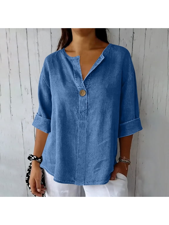 Tops for Women Trendy Elbow Length Sleeve Notch Neck Button T-Shirts Casual Summer Loose Leisure Tops