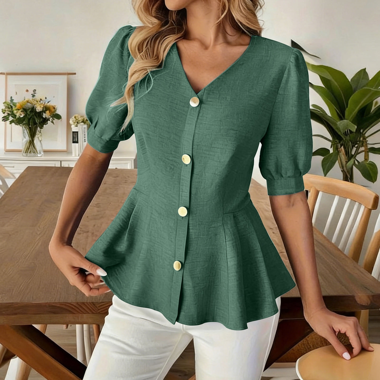 Chbgutlmr Tops for Women Trendy Puff Half Sleeve V Neck Ruffled Bottom ...