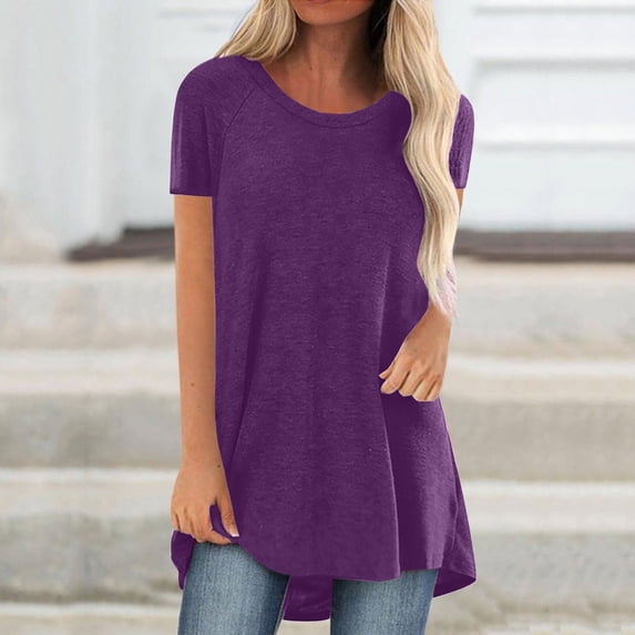Chbgutlmr Tops for Women Trendy Short Sleeve Crew Neck Irregular Hem Tunic Tops Casual Summer Comfy Plain Dailywear T-Shirts