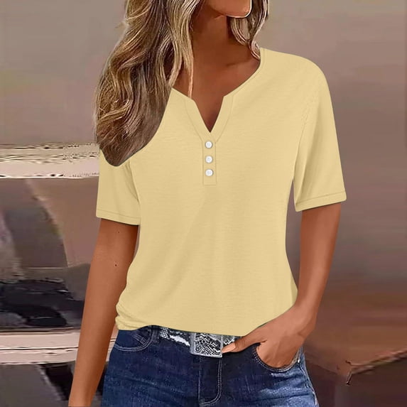 Chbgutlmr Tops for Women Trendy Short Sleeve Notch Neck Button Tee Tops Casual Summer Loose Basic Shirts