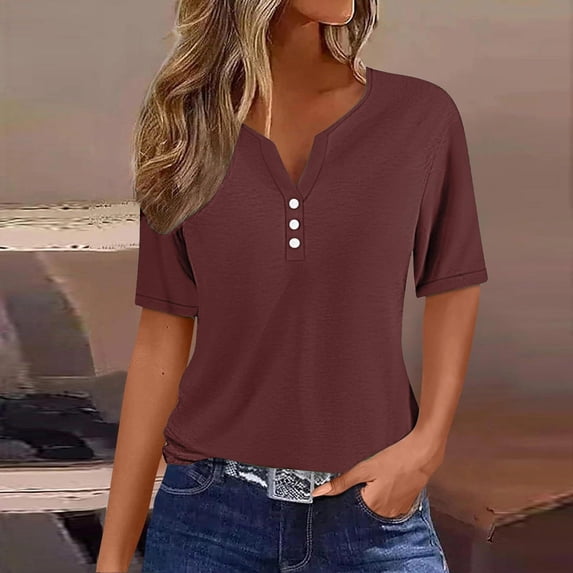 Chbgutlmr Tops for Women Trendy Short Sleeve Notch Neck Button Tee Tops Casual Summer Loose Basic Shirts