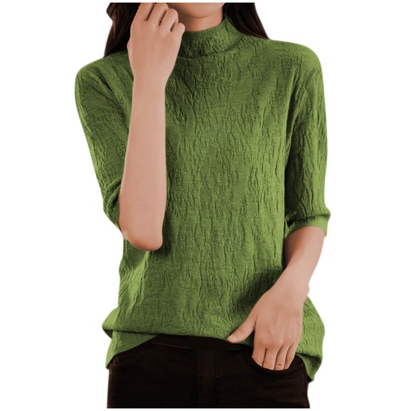 Chbgutlmr Turtleneck Tops for Women Half Sleeve Loose Casual Textured Pullover Fall Solid Color Stylish Tops