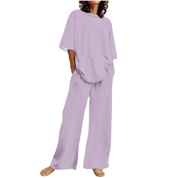 Chbgutlmr Two Piece Sets for Women Summer Outfits Lounge Sets Half Sleeve Crew Neck Shirts Straight Leg Pants Casual Loose Comfy Travel Set