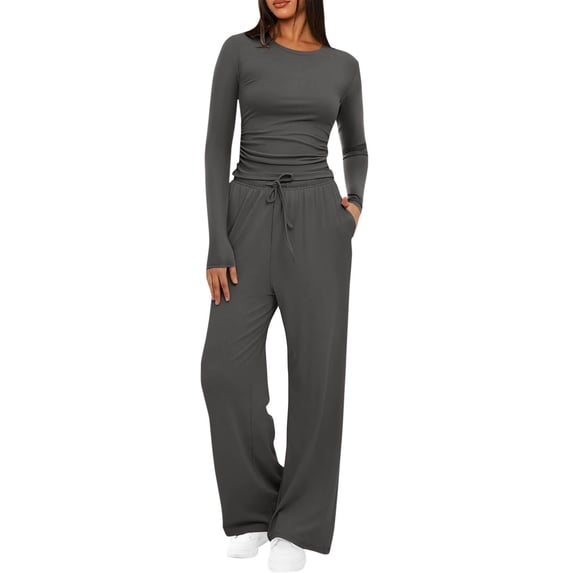 Chbgutlmr Two Piece Sets for Women Travel Vacation Outfits Long Sleeve Crew Neck Crop Tops Drawstring Elastic Waist Pants Casual Spring Airplane Set