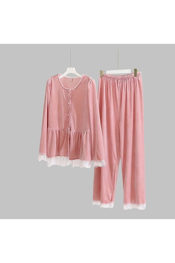 Velour Pajamas for Women Set Long Sleeve Half Button Ruffled Hem Tops Straight Leg Pants Casual Lace Blocked Comfy Loungewear Sets
