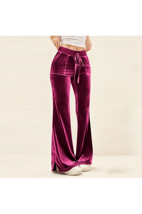 Velour Pants for Women Drawstring High Waisted Slit Hem Bell Bottom Flare Pants with Pockets Casual Trendy Plain Trousers