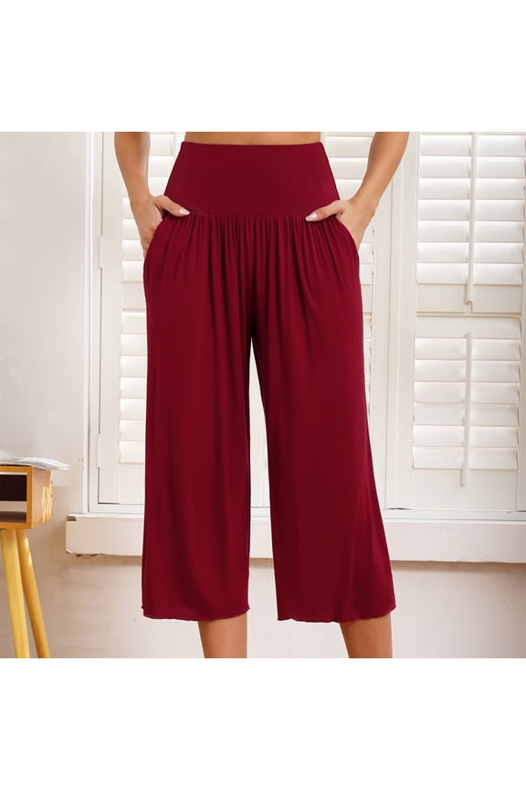 Wide Leg Capri Pants for Women High Waisted Ruched Loose Fitted Pants with Pockets Casual Summer Comfy Loungewear Sleepwear Pants