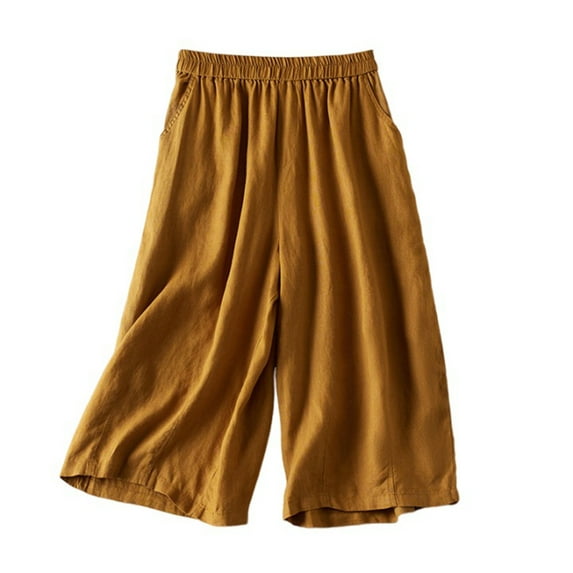 Chbgutlmr Wide Leg Pants Woman Capris Cotton Linen Elastic Waisted Loose Cropped Casual Summer Trousers