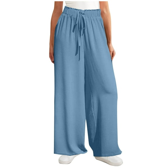 Chbgutlmr Wide Leg Pants Women Solid Color Lightweight Elastic Waist Loose Casual Drawstring Trousers