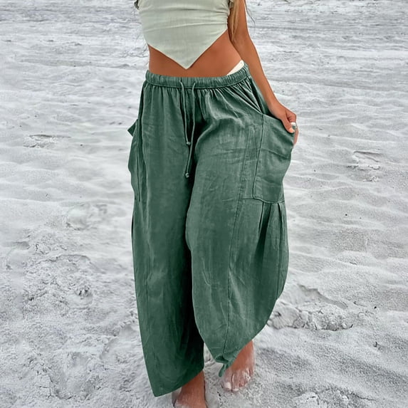 Chbgutlmr Wide Leg Pants for Women Drawstring Elastic Waist Ruched Trousers with Pockets Casual Loose Summer Comfy Pants