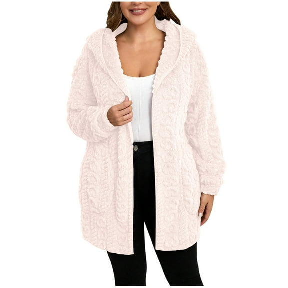 Chbgutlmr Winter Jackets for Women Long Sleeve Fleece Warm Textured Open Front Mid Long Coats Thermal Comfy Fuzzy Jacket