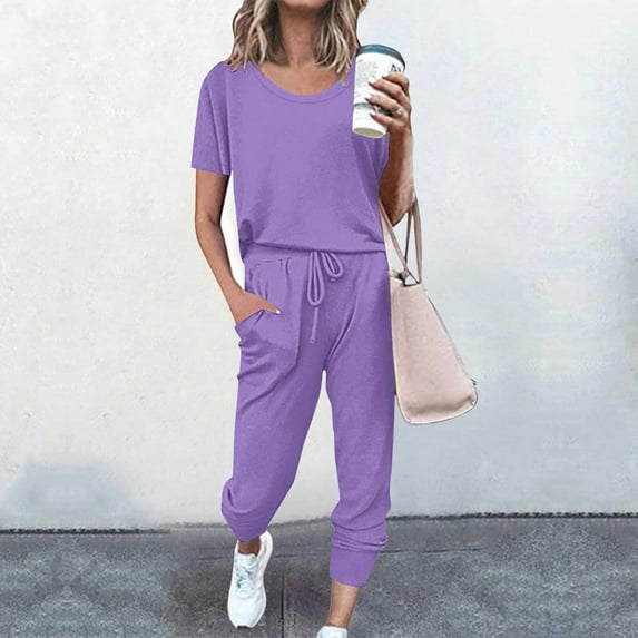 Chbgutlmr Women 2 Piece Outfits Short Sleeve Scoop Neck Shirts Drawstring Cinch Bottom Joggers Casual Summer Comfy Lounge Sets
