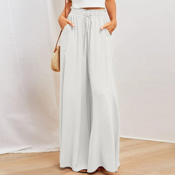 Chbgutlmr Women Wide Leg Pants Drawstring High Waisted Pants Straight Leg Summer Beach Trousers with Pockets