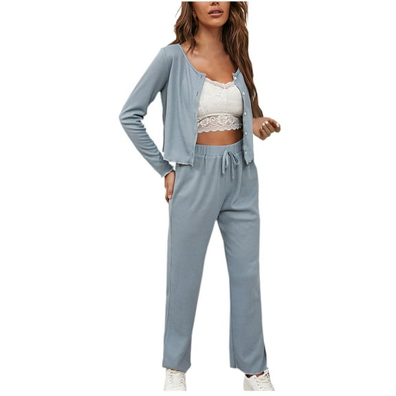 Chbgutlmr Women's 2 Piece Outfits Long Sleeve Button down Shirts High Waist Pants Sweatsuit Lounge Sets